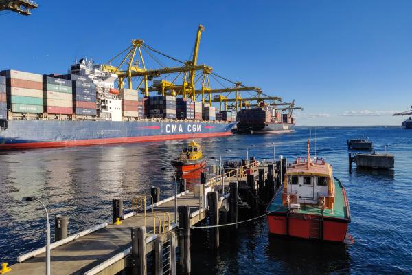 A Port Authority vessel is moored at Port Botany and another coming in with two bulk carriers in the background