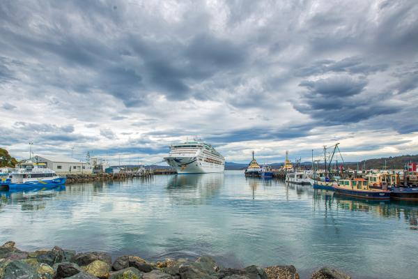 Vessels on the water moored at Eden including a cruise ship