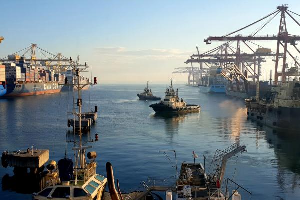 Two tugs and a number of container ships and tankers on the water at Port Botany
