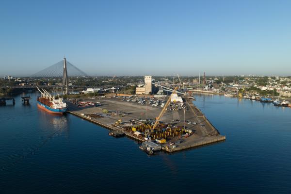 Aerial view of a bulk carrier alongside Glebe Island with the Anzac Bridge in the distance
