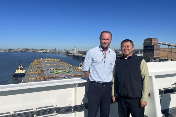 Pilot David Keys aboard a vessel in Newcastle