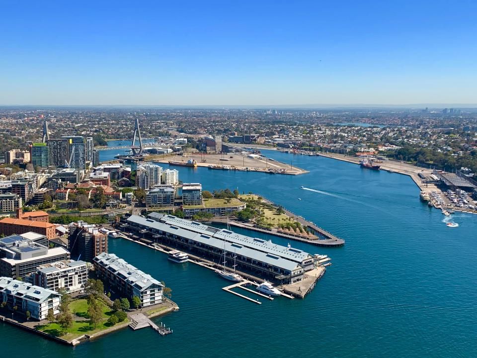 Aerial of Pyrmont, Glebe Island and White Bay on a sunny day