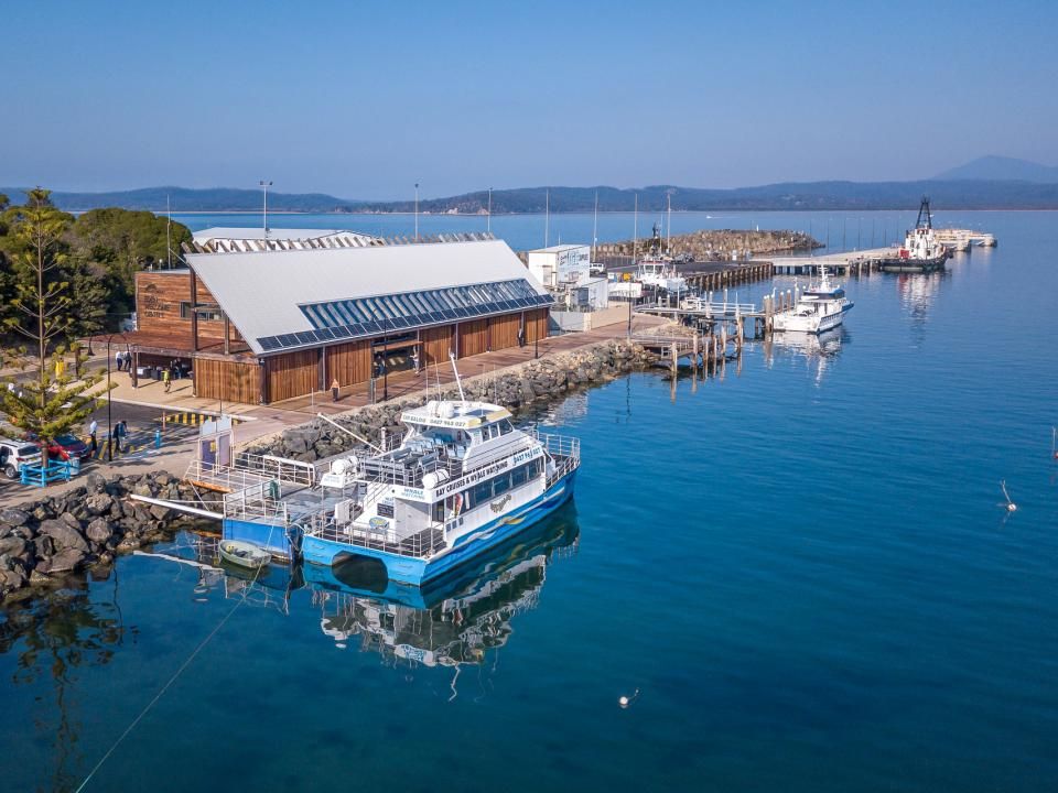 Aerial of Eden Welcome Centre on a still sunny day
