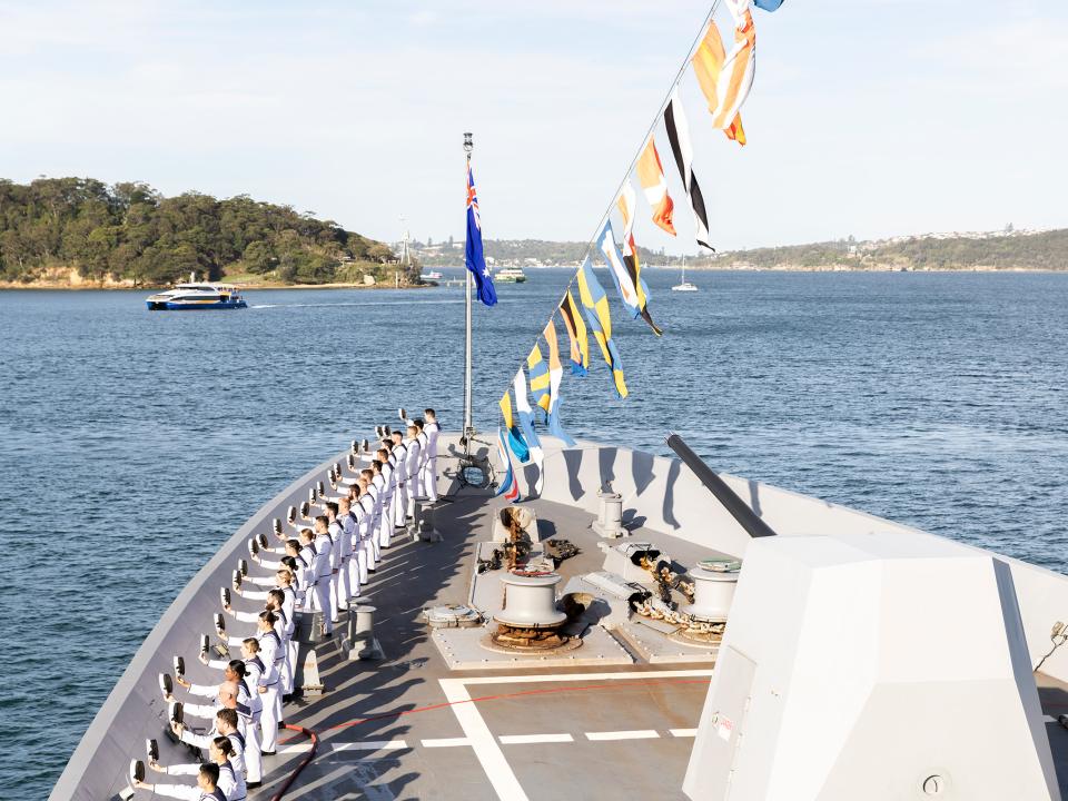 HMAS Hobart on display in Sydney Harbour as Their Majesties King Charles III and Queen Camilla conduct a Royal Australian Navy Fleet Review.