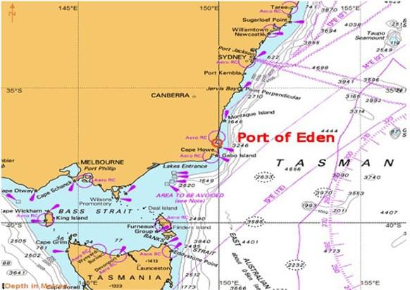 Map showing Eden on the coast of Australia between Sydney and Melbourne
