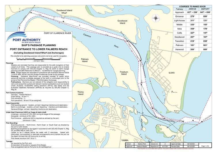 Map showing Yamba port entrance to Lower Palmers Reach