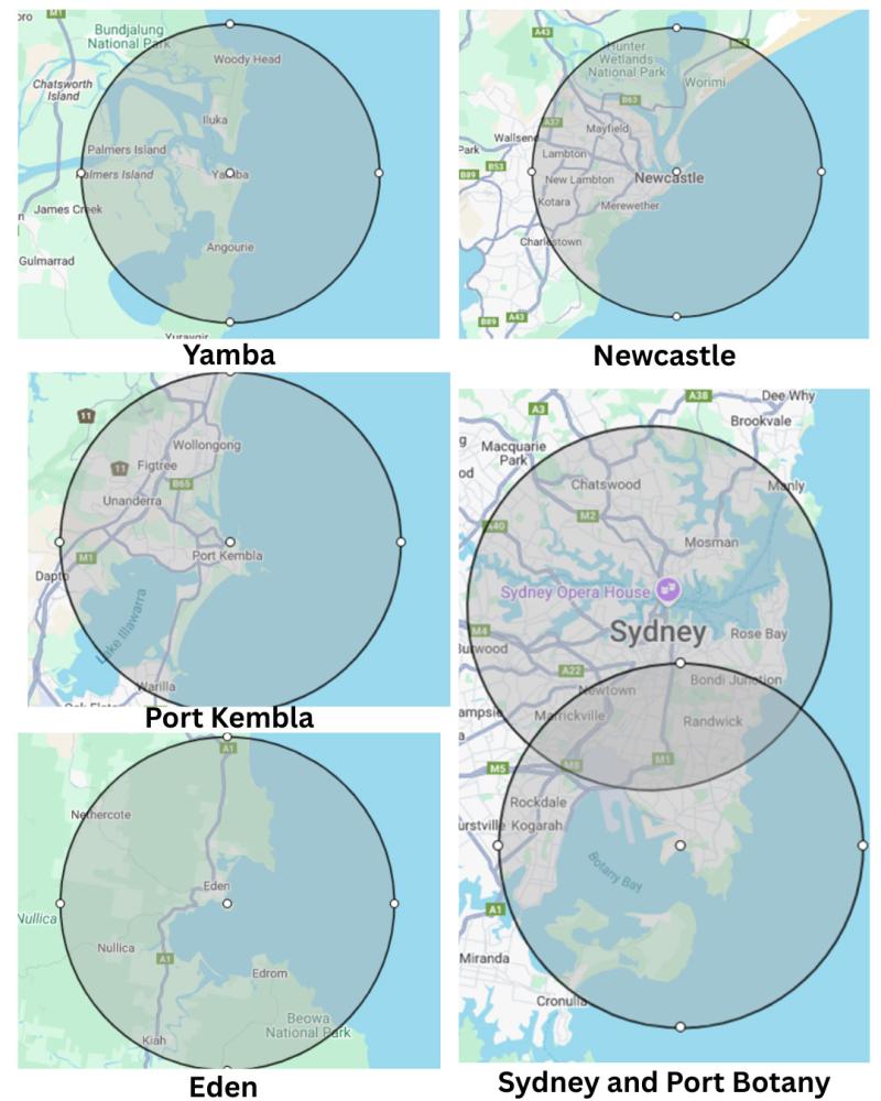 Map showing 10km radius around ports