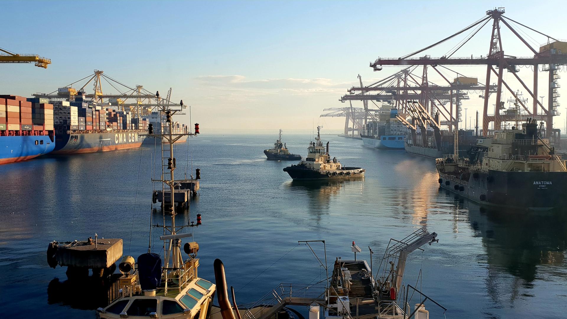 Two tugs and a number of container ships and tankers on the water at Port Botany