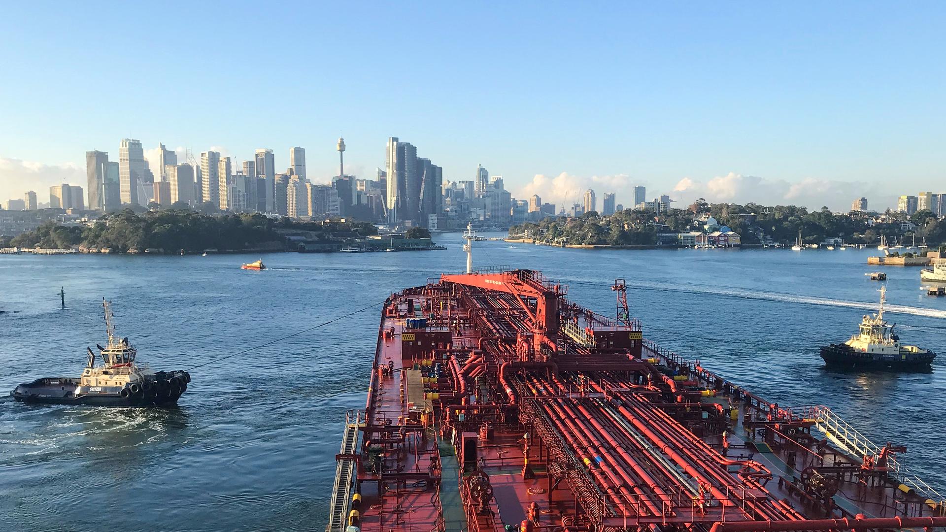 View from the pilot bridge of a tanker and two tugs moving through Sydney Harbour with CBD in the background