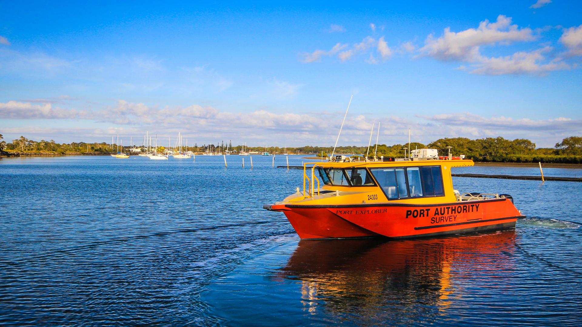 Port Authority survey vessel on the water in Yamba on a sunny day