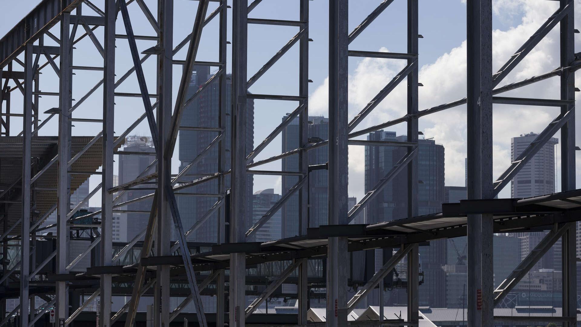 Looking through the open scaffolding above the car park to Barangaroo buildings