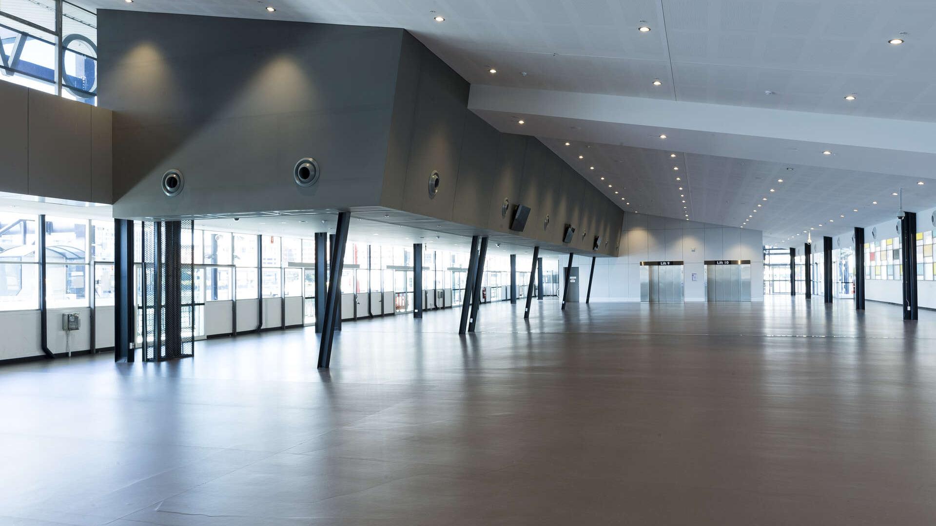 Inside the empty Customs Hall looking south showing the full size of the space