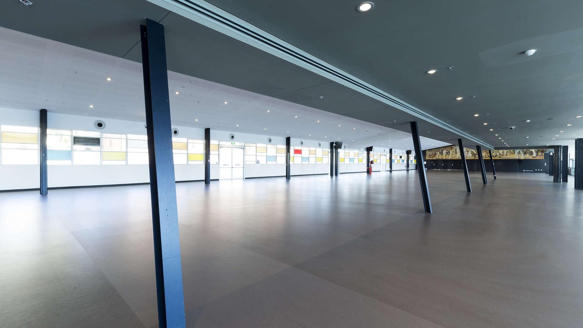 Inside the empty Customs Hall looking west showing the full size of the space