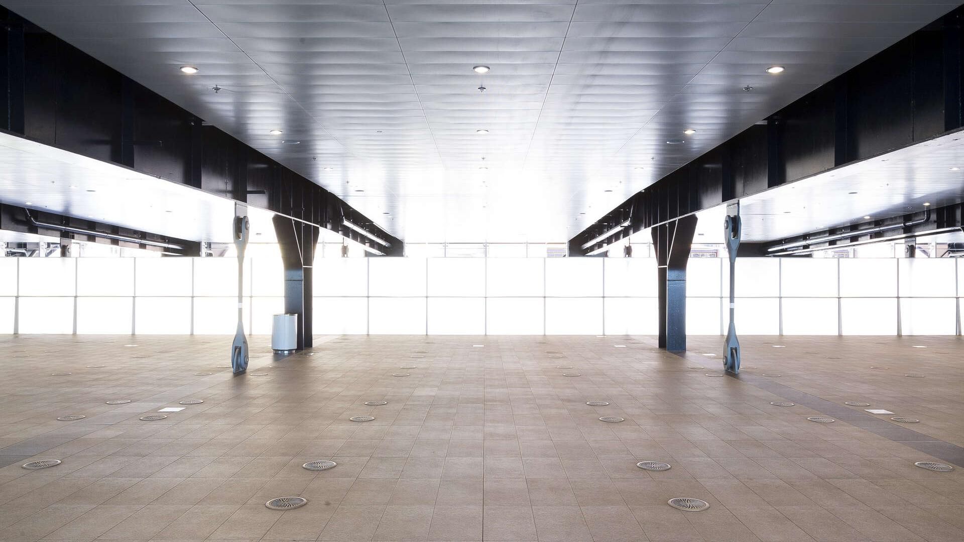 Inside the empty Mezzanine with a bright outside