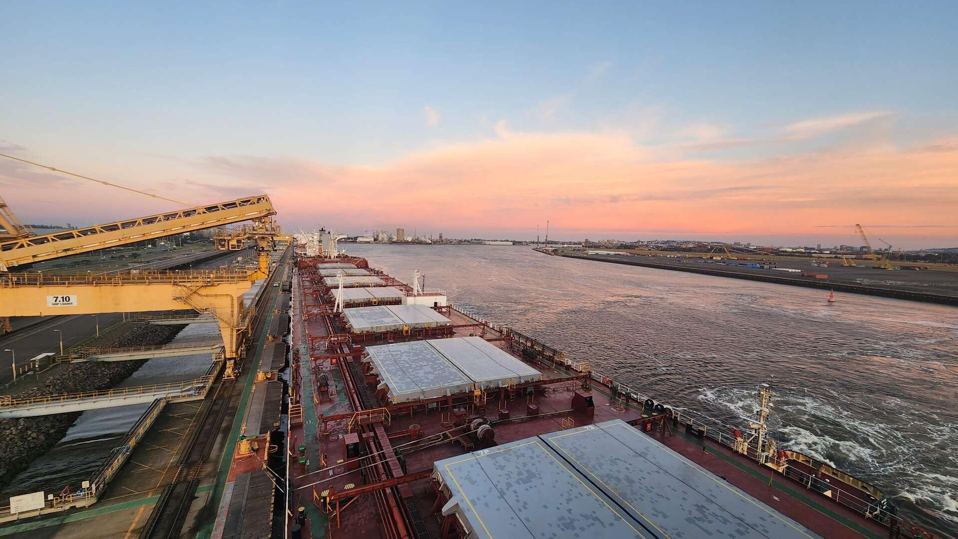 View from the bridge of a cargo ship at berth in Newcastle Harbour
