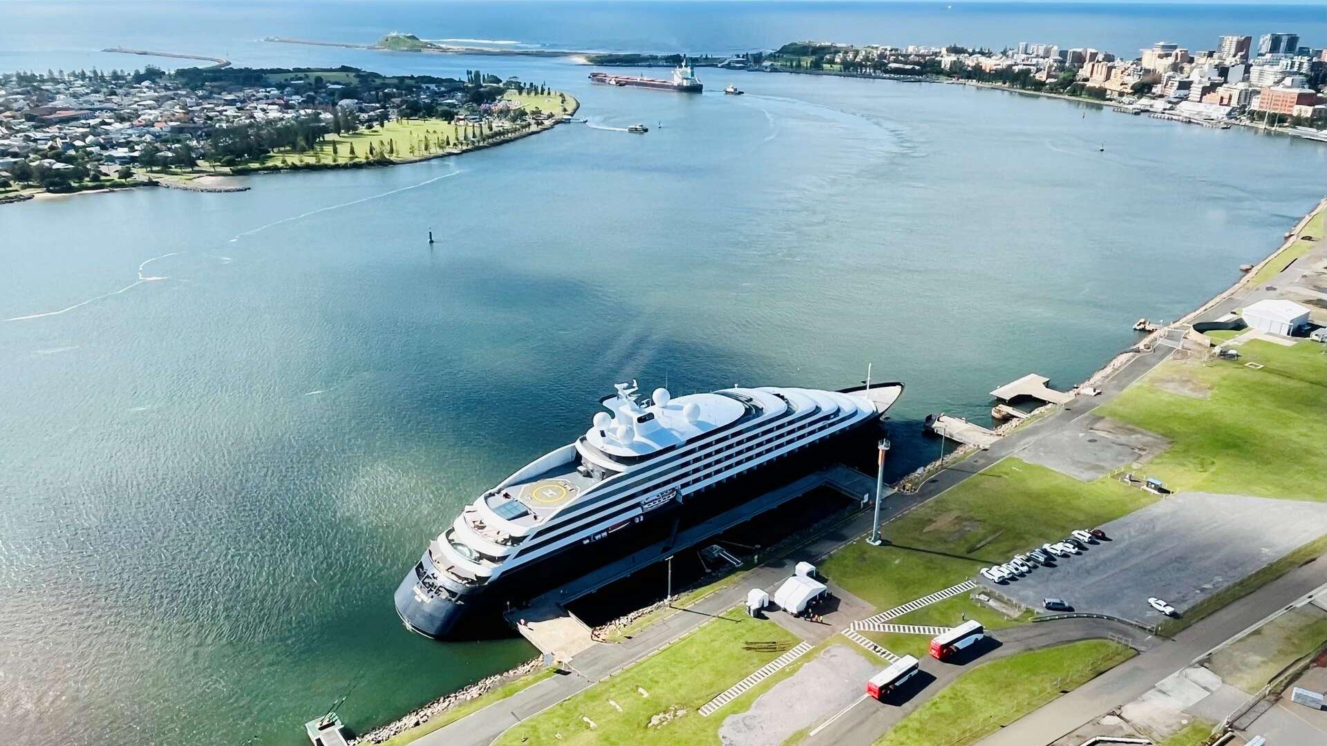 Looking down on Scenic Eclipse II berthed in Newcastle Harbour