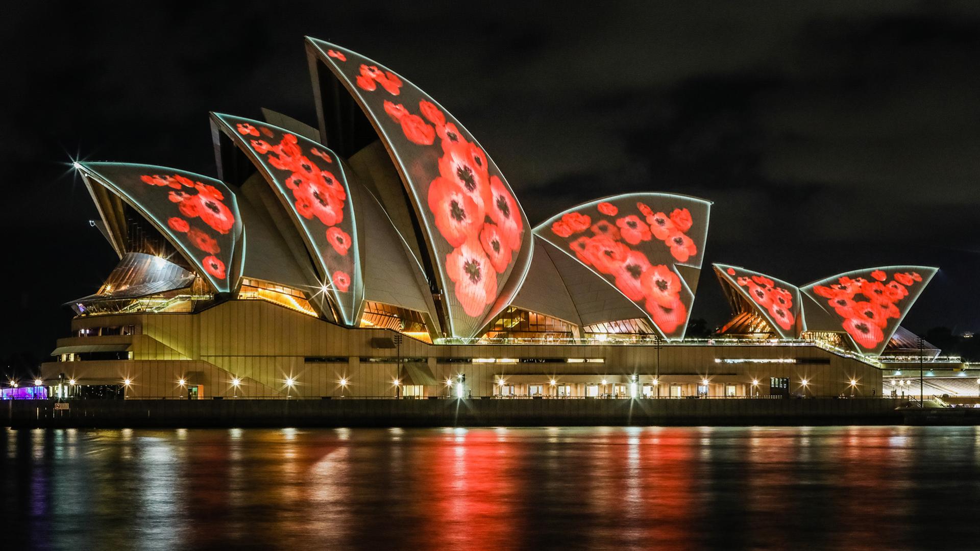 Poppies projected on Sydney Opera House