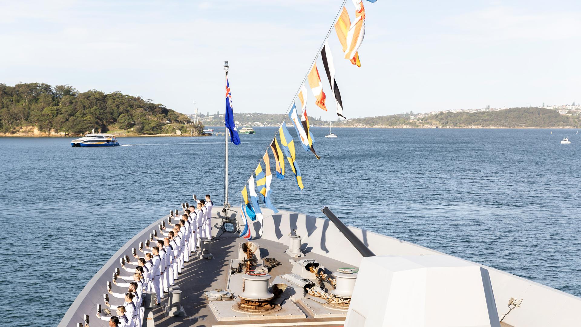 HMAS Hobart on display in Sydney Harbour as Their Majesties King Charles III and Queen Camilla conduct a Royal Australian Navy Fleet Review.