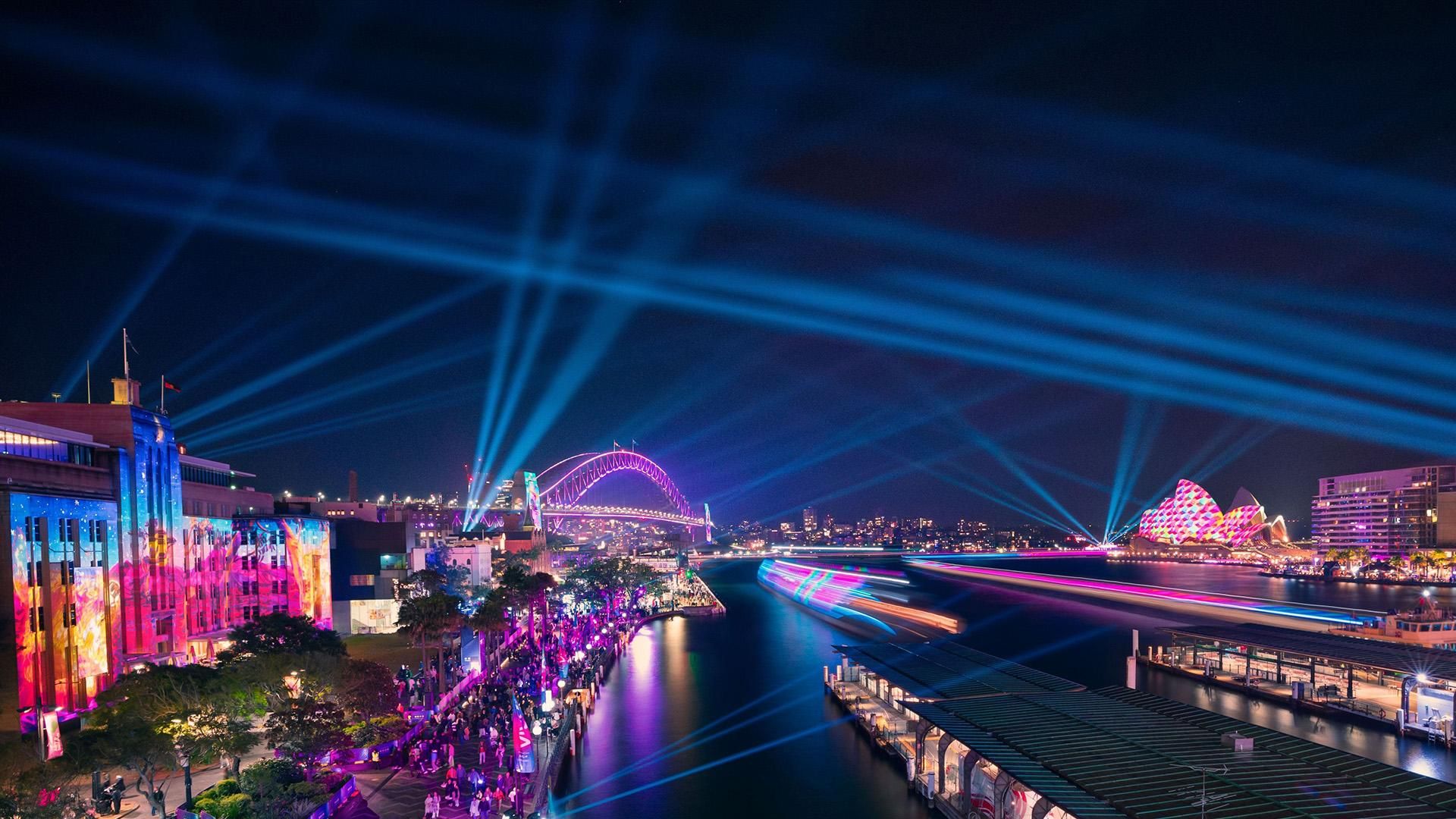 Vivid Sydney harbour bridge to opera house lights